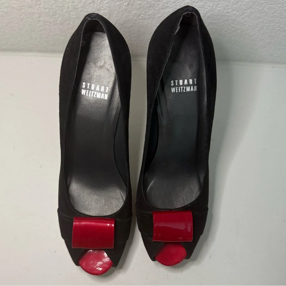 STUART WEITZMAN Puente Black Suede Red Leather Peep-Toe Platform Heels Size 9.5